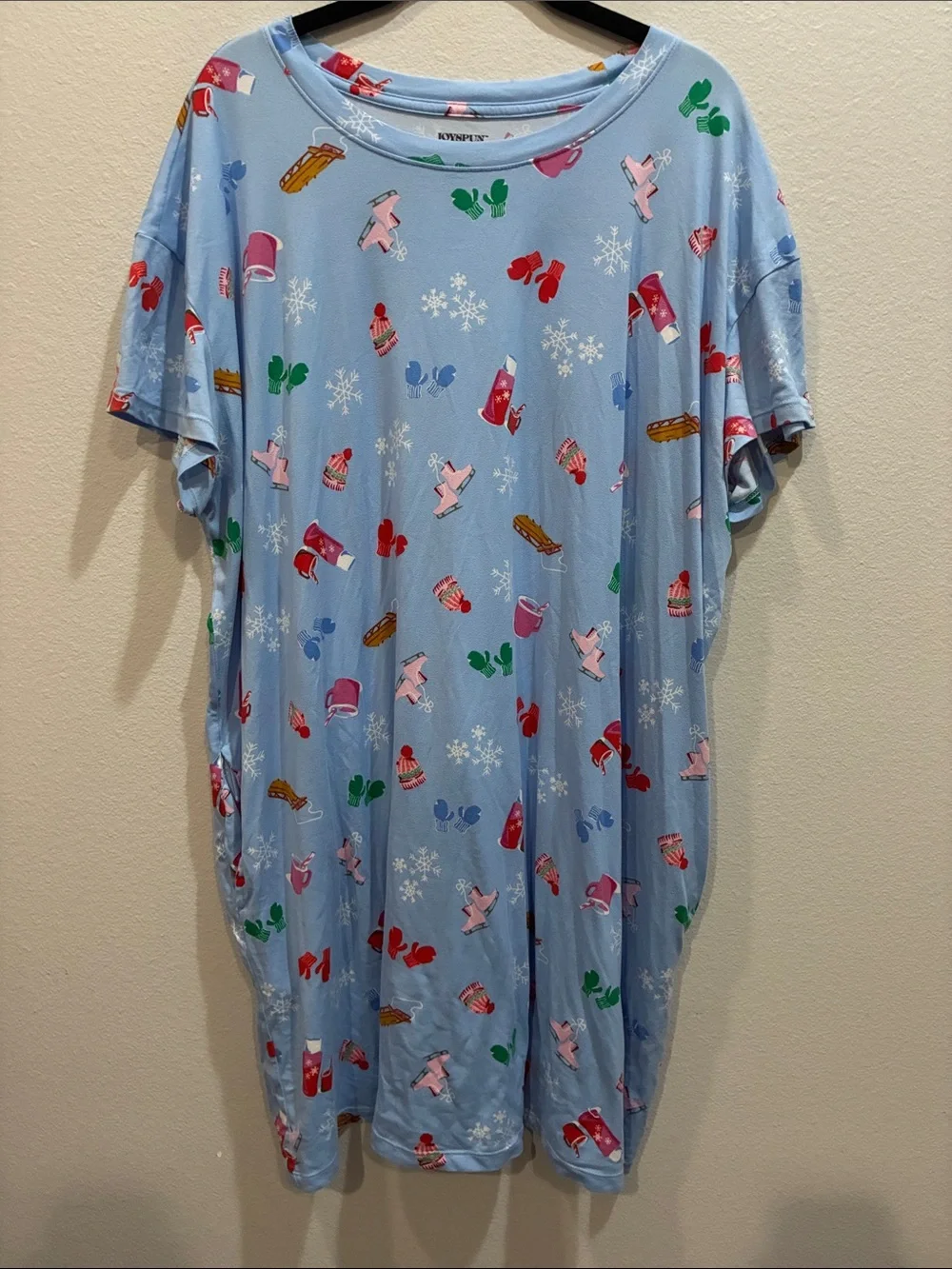Joyspun Light Blue Holiday Winter Print Super Soft Nightgown with pockets